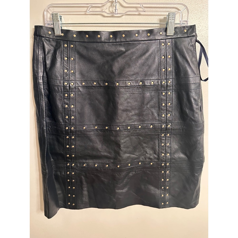 Worth New York Black Leather Studded Pencil Skirt Size 8 Knee Length Side Zip